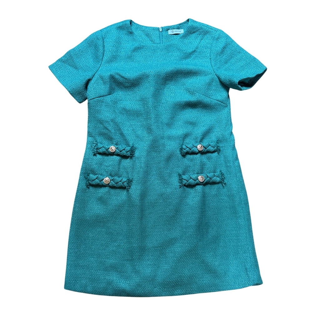 Wenrine Tweed Shift Dress Women Teal Excellent Gold Button Mini G3P496L SIZE L